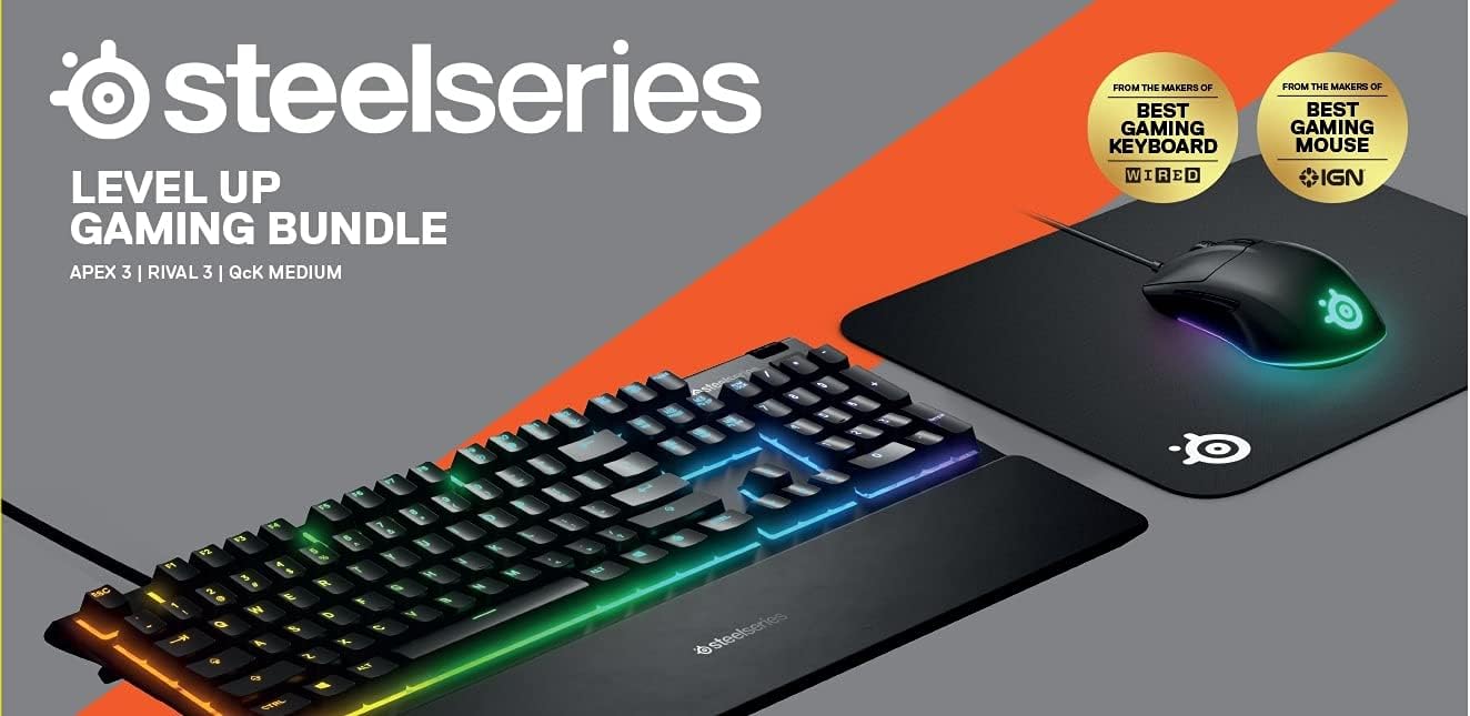 SteelSeries Premier Gaming Bundle – 4 Piece Set | Arctis 1 Headset, Apex 3 Keyboard, Rival 3 Mouse & QcK Pad