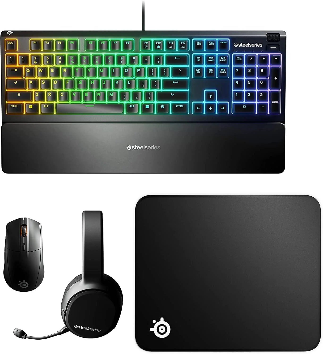 SteelSeries Premier Gaming Bundle – 4 Piece Set | Arctis 1 Headset, Apex 3 Keyboard, Rival 3 Mouse & QcK Pad